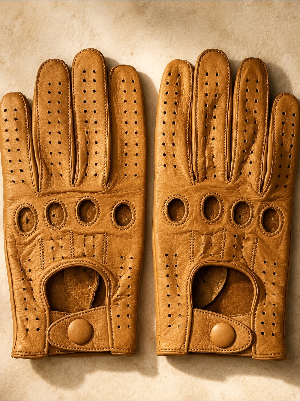 Tan Leather Gloves Full Finger Retro Moto Driving Style Snap Wrist Unisex Medium